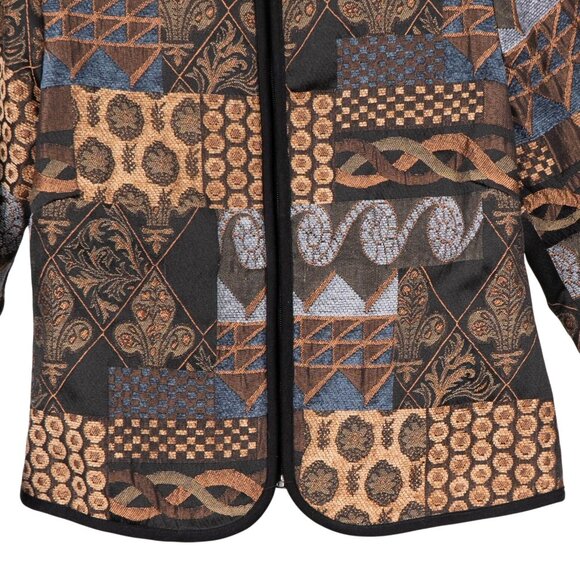 Molly & Maxx Tapestry Blazer Jacket Petite PS Womens Patchwork Brown Blue Zip - Picture 5 of 7